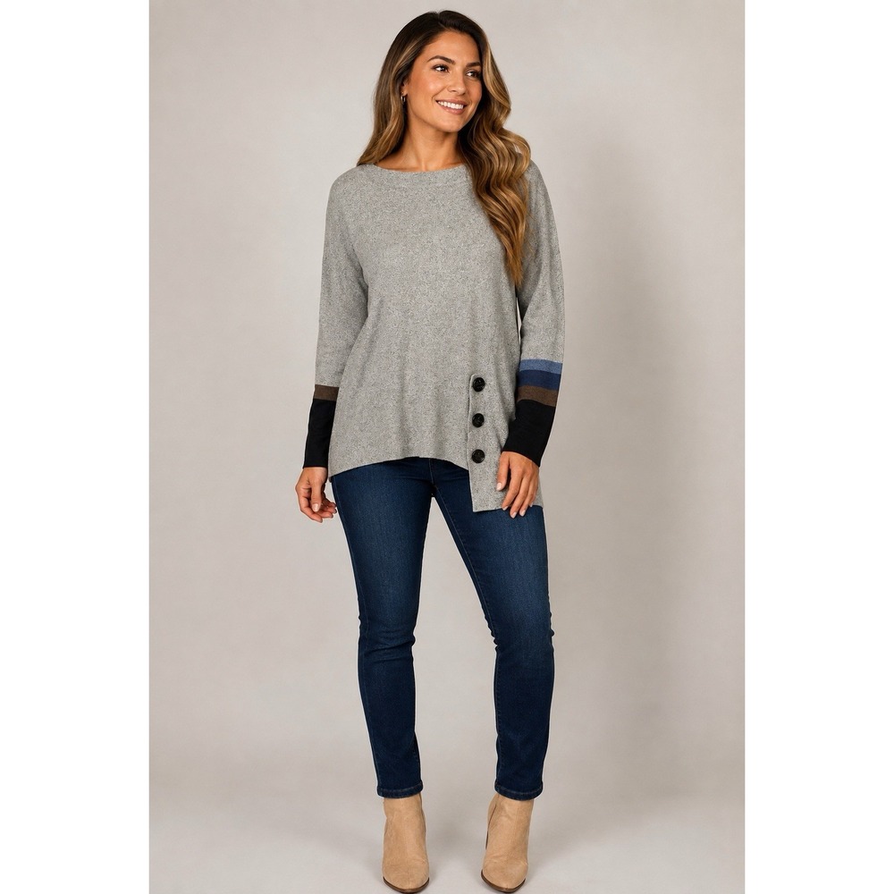 NIC+ZOE Women's M Gray Knit Pullover Sweater Colorblock Cuff Asymmetrical Hem